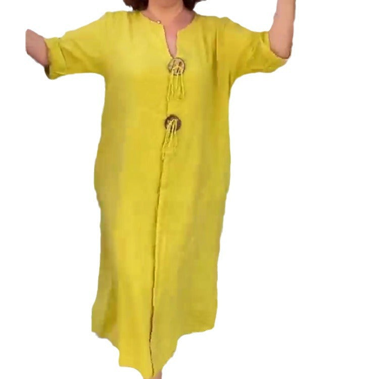 Casual V-neck Cotton and Linen Dress