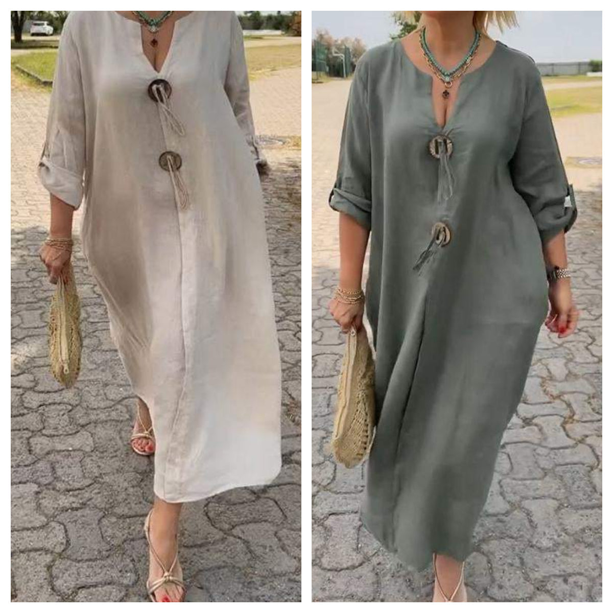 Casual V-neck Cotton and Linen Dress
