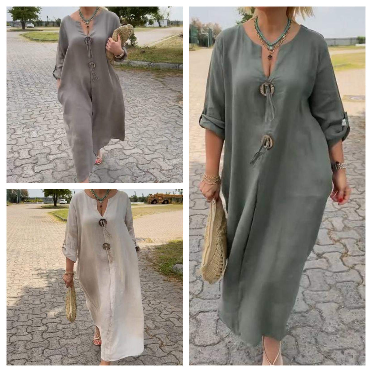 Casual V-neck Cotton and Linen Dress